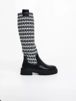 Migdalia fekete fehér női csizma ökológiai bőrből és textil anyagból