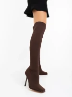 Santera barna női magassarkú csizma textil anyagból