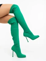 Santera zöld női magassarkú csizma textil anyagból