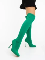 Santera zöld női magassarkú csizma textil anyagból