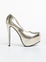 Evanthia aranyszínű, női magassarkú cipő, lakkozott ökológiai bőrből