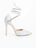 Radica ezüstszinű női magassarkú cipő textil anyagból
