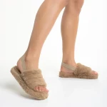 Retal sötét bézs női papucs, szintetikus bundából készült