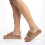 Retal sötét bézs női papucs, szintetikus bundából készült