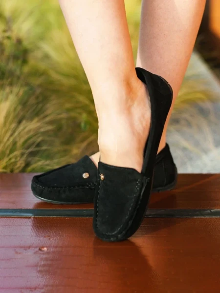 Elmira fekete női mokaszin, textil anyagból készült