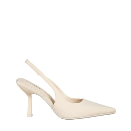 Oveta bézs női cipő sarokkal, textil anyagból készült