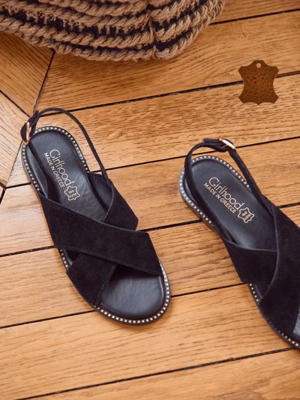 Girlhood fekete női szandál, Alvina fordított bőrből készült