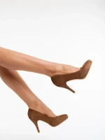 Neelima khaki, női magassarkú cipő, textil anyagból