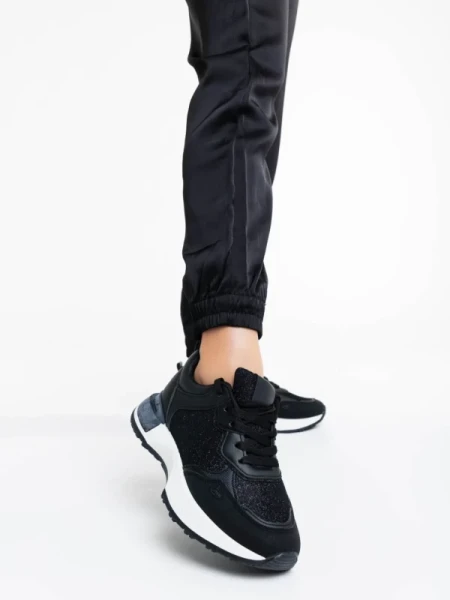 Romessa fekete női sport cipő textil anyagból és ökológiai bőrből