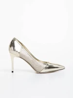 Tanishka aranyszínű női  magassarkú cipő ökológiai bőrből és textil anyagból