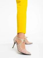 Tinara aranyszínű női magassarkú cipő textil anyagból