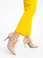 Tinara aranyszínű női magassarkú cipő textil anyagból