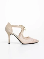 Tinara aranyszínű női magassarkú cipő textil anyagból