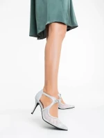 Tinara ezüstszínű női magassarkú cipő textil anyagból