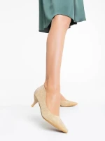 Desma aranyszínű női magassarkú cipő textil anyagból