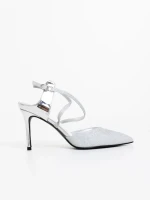 Oliara ezüstszinű női magassarkú szandál lakkozott ökológiai bőrből