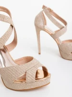 Morita pezsgőszinű női magassarkú szandál textil anyagból