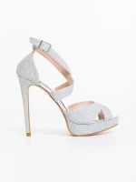 Morita ezüstszinű női magassarkú szandál textil anyagból