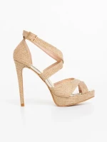 Morita aranyszinű női magassarkú szandál textil anyagból
