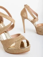 Morita aranyszinű női magassarkú szandál textil anyagból