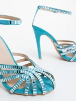 Atrina kék női magassarkú szandál textil anyagból
