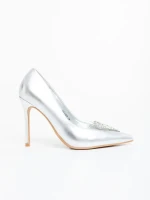 Estora ezüstszinű  női magassarkú cipő lakkozott ökológiai bőrből