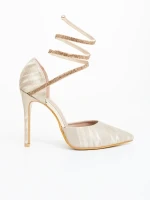 Radica aranyszinű női magassarkú cipő textil anyagból