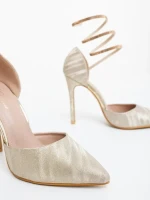 Radica aranyszinű női magassarkú cipő textil anyagból