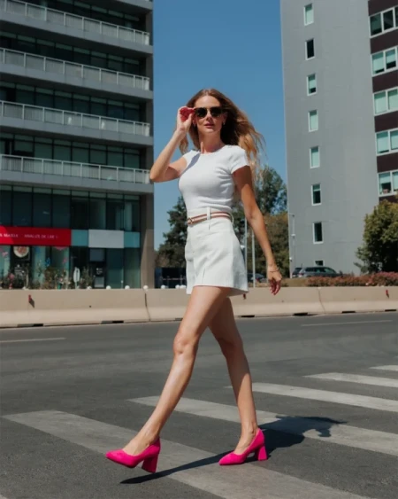 Saida rózsaszin női magassarkú cipő textil anyagból