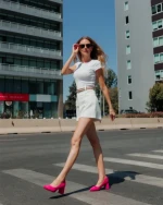 Saida rózsaszin női magassarkú cipő textil anyagból