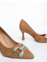 Amandi sötét bézs női magassarkú cipő textil anyagból