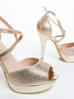 Zabava aranyszinű női magassarkú szandál textil anyagból