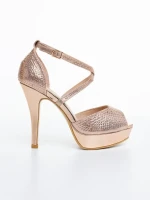 Zabava pezsgőszinű női magassarkú szandál textil anyagból