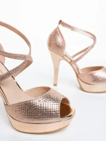 Zabava pezsgőszinű női magassarkú szandál textil anyagból