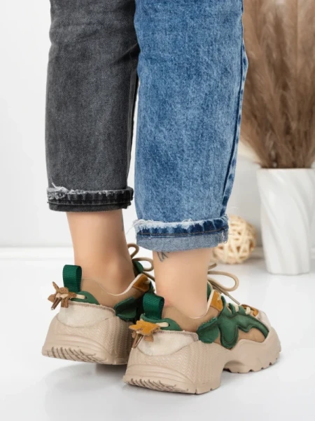 Pantofi Sport Dama din piele naturala 7110 GREEN-CREAM | FRANCO GERARDO