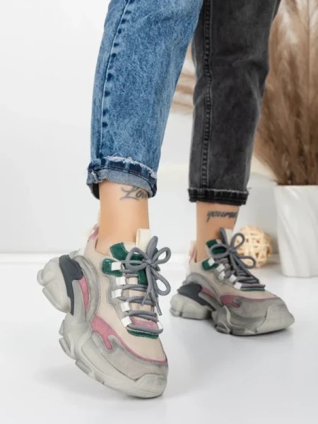 Pantofi Sport Dama din piele naturala Y5758-2 GREY-GREEN | FRANCO GERARDO