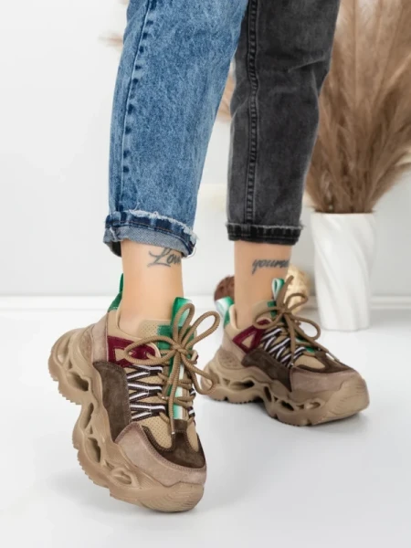 Pantofi Sport Dama din piele naturala HY6383 BROWN-GREEN | FRANCO GERARDO