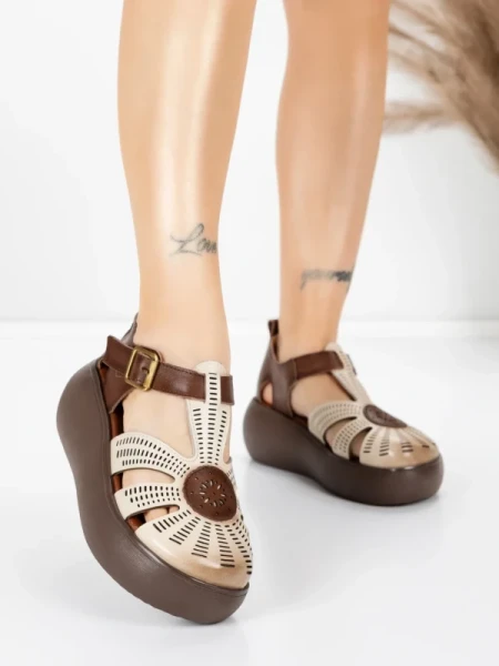 Sandale Dama din piele naturala 10682 CREAM-BROWN | ADVANCER