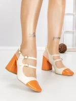 Pantofi cu Toc Gros B-3371 ORANGE-WHITE | BUONAROTTI