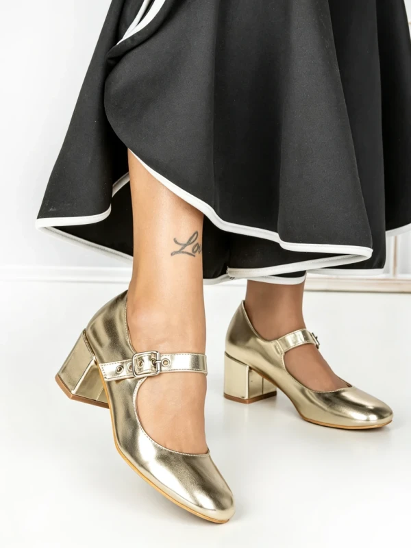 Pantofi cu Toc Gros 77-558 GOLD | CM