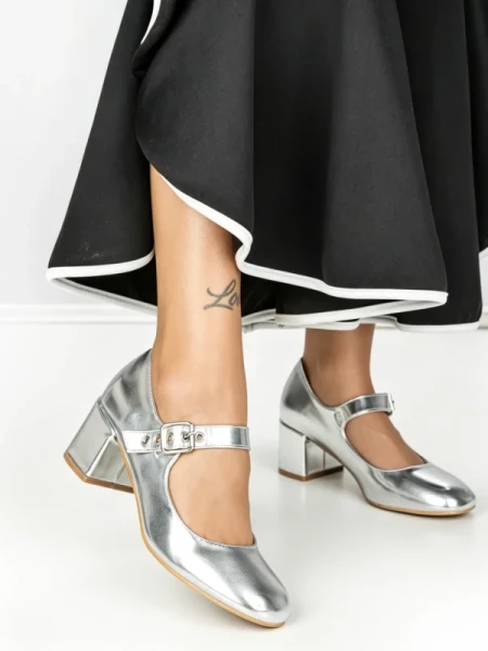 Pantofi cu Toc Gros 77-558 SILVER | CM