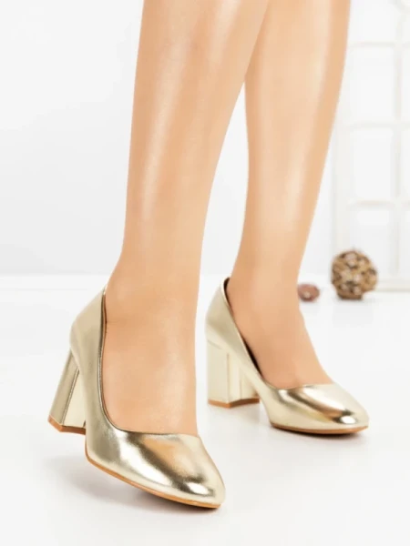 Pantofi cu Toc Gros 8136 GOLD | CM