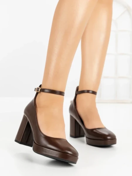 Pantofi cu Toc Gros 77-464 BROWN | CM